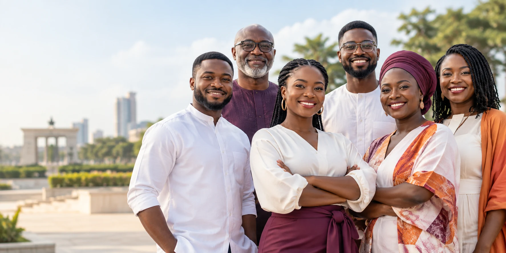 A diverse community of Ghanaian members standing together